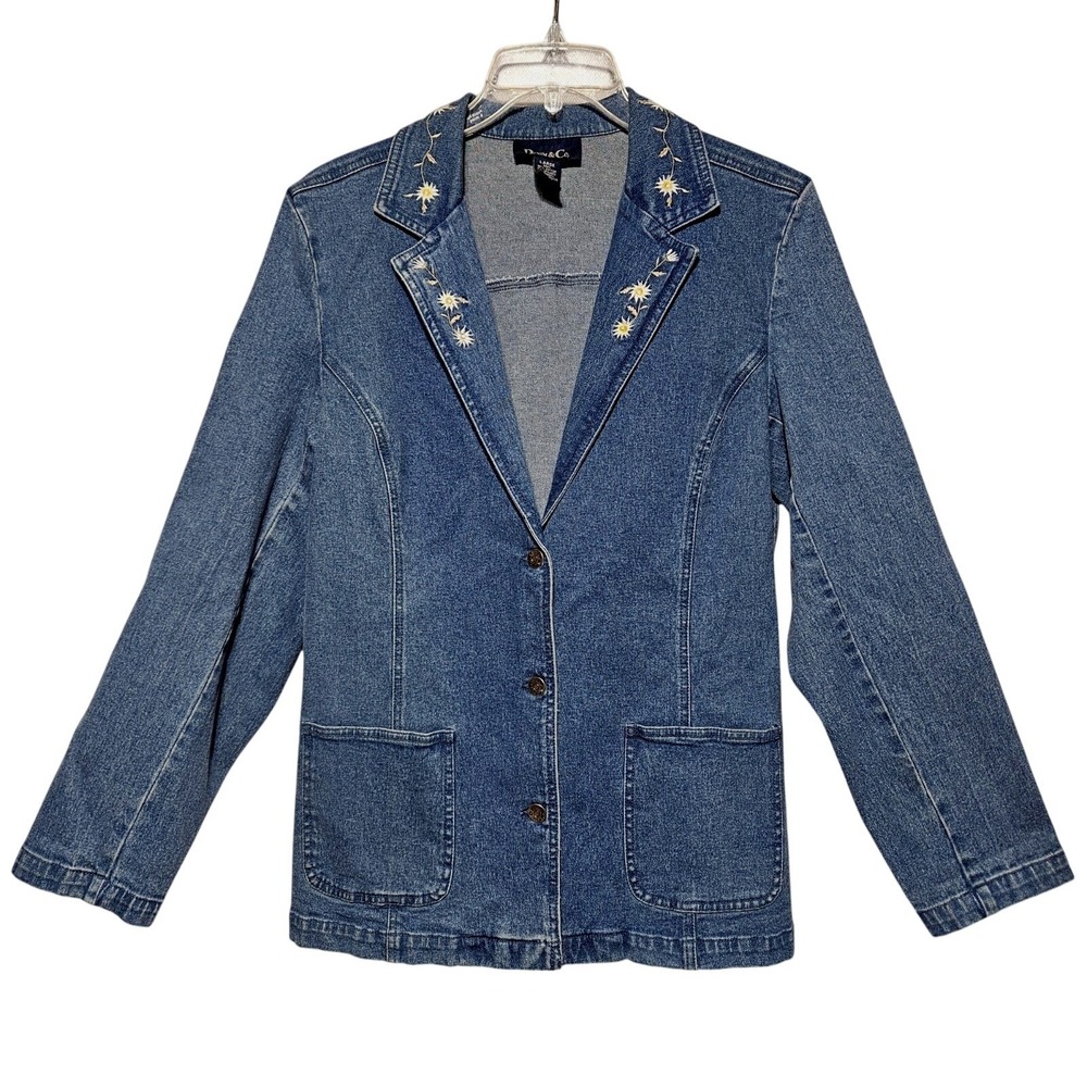 Denim & Co Womens Blue Embroidered Floral Denim Blazer Jacket Large Cottagecore